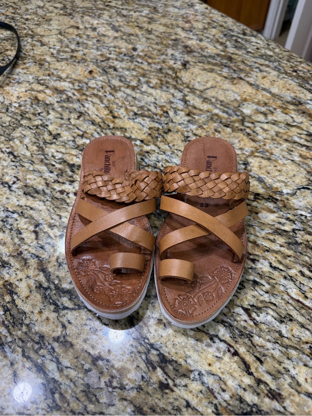 Braided Strap Tan Leather Slide Sandals -